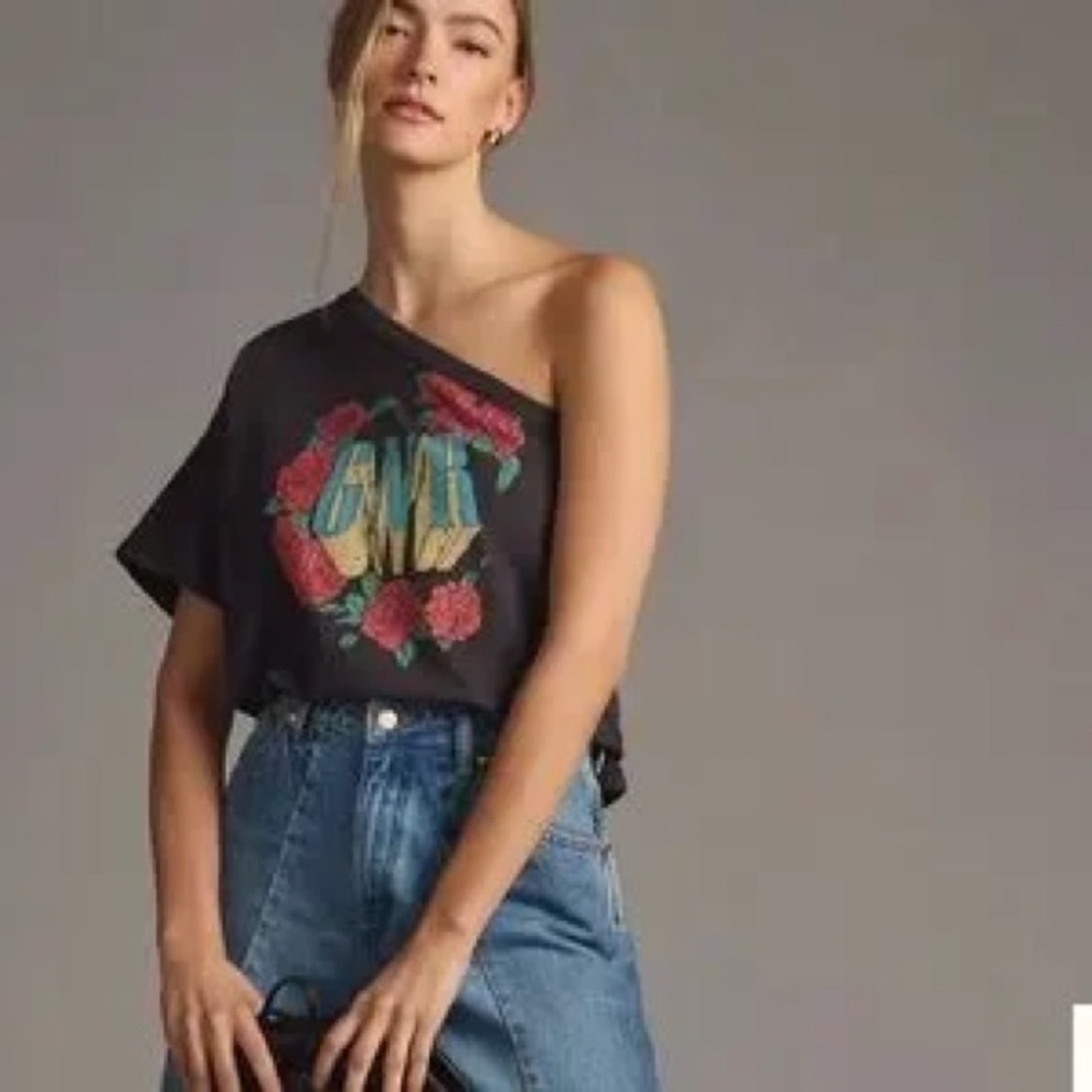 Anthropologie Black One-Shoulder Graphic Tee with Floral Print